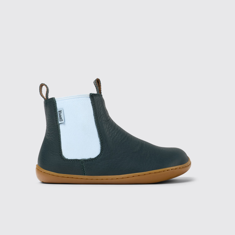 Side view of Peu Green leather ankle boots for kids