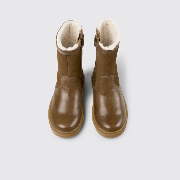 Overhead view of Kiddo Brown leather and nubuck boots for kids