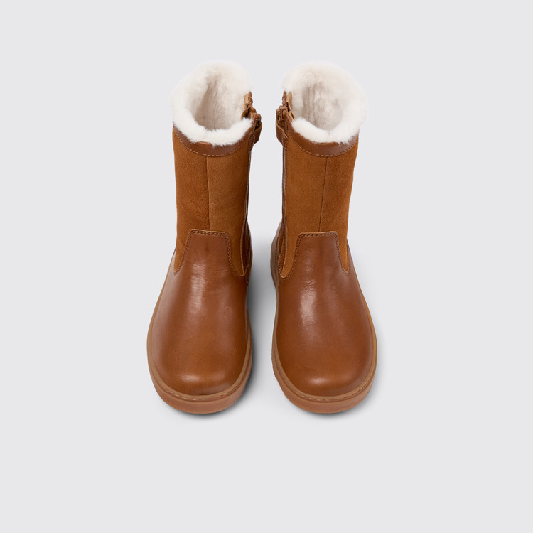 Overhead view of Kiddo Brown leather and nubuck boots for kids