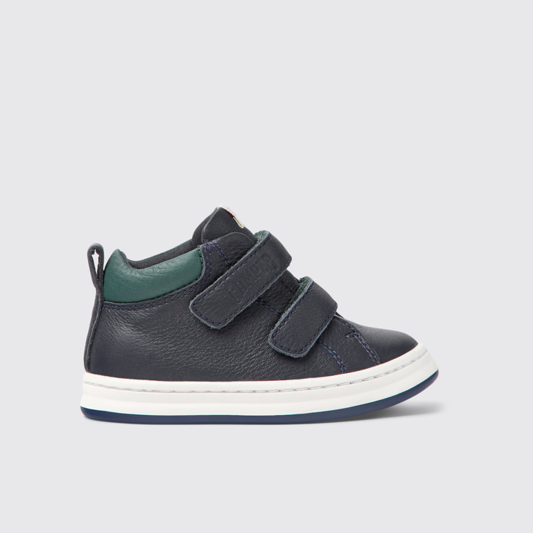 Side view of Runner Navy blue leather sneakers for kids