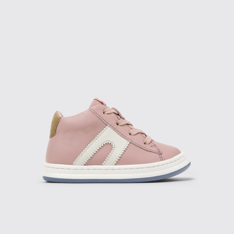 Side view of Twins Pink leather sneakers for kids