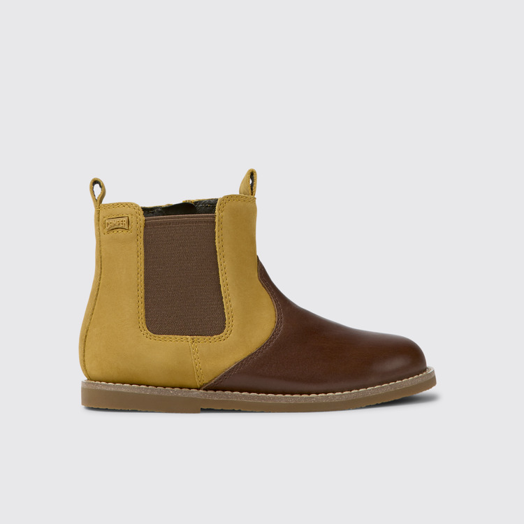 Side view of Savina Brown nubuck and leather ankle boots for kids