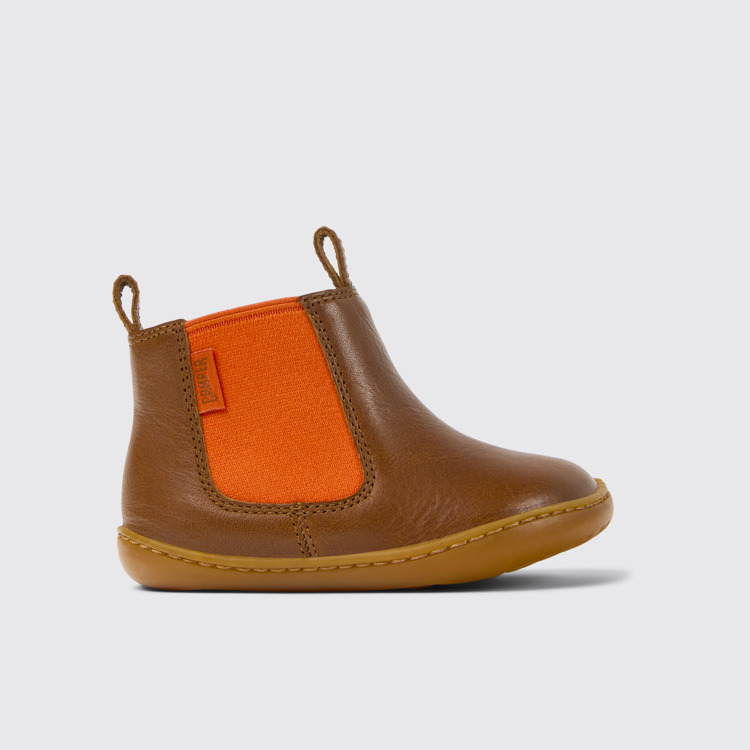 Side view of Peu Brown leather boots for kids