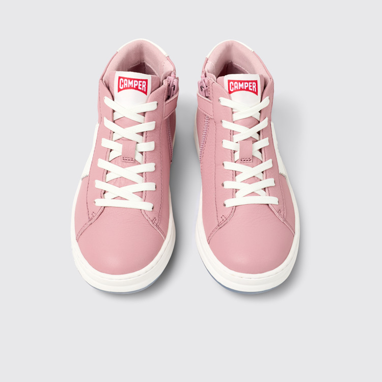 Overhead view of Runner Pink and white recycled leather sneakers for kids