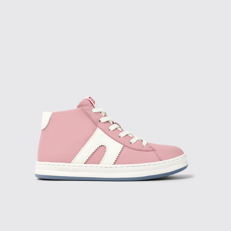 Side view of Runner Pink and white recycled leather sneakers for kids