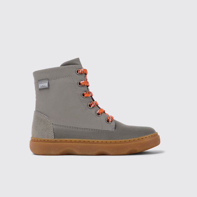 Side view of Kiddo Gray leather and textile ankle boots for kids