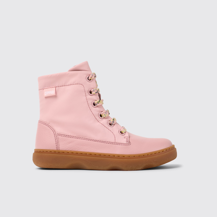 Side view of Kiddo Pink leather and textile ankle boots for kids