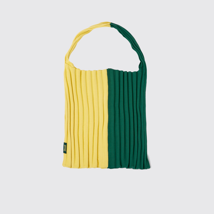 Side view of Knit TENCEL® Green and yellow TENCEL® Lyocell knit bag