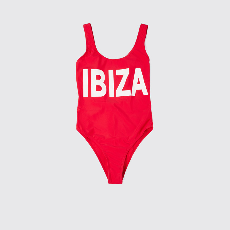 Side view of Vintage "IBIZA" swimsuit Red polyester swimsuit with white lettering