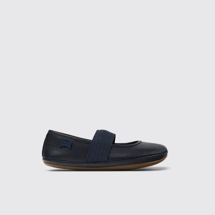 Side view of Right Blue Leather Ballerinas for Kids.