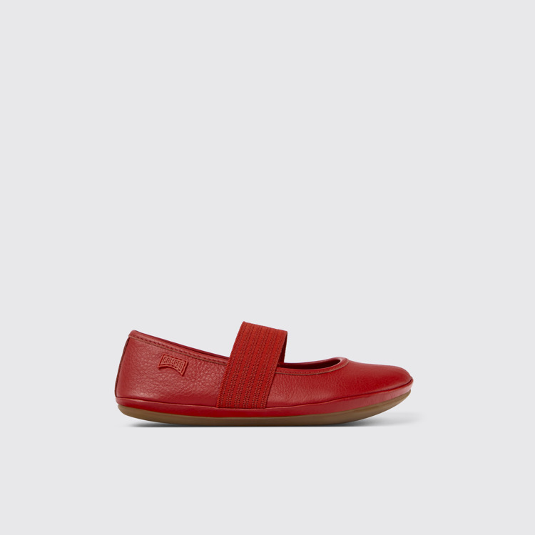 Side view of Right Red Leather Ballerina for Kids.