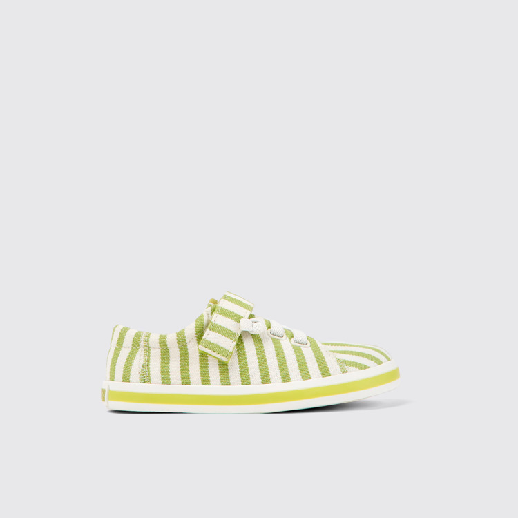 Side view of Peu Rambla Green and white striped recycled cotton shoes for kids