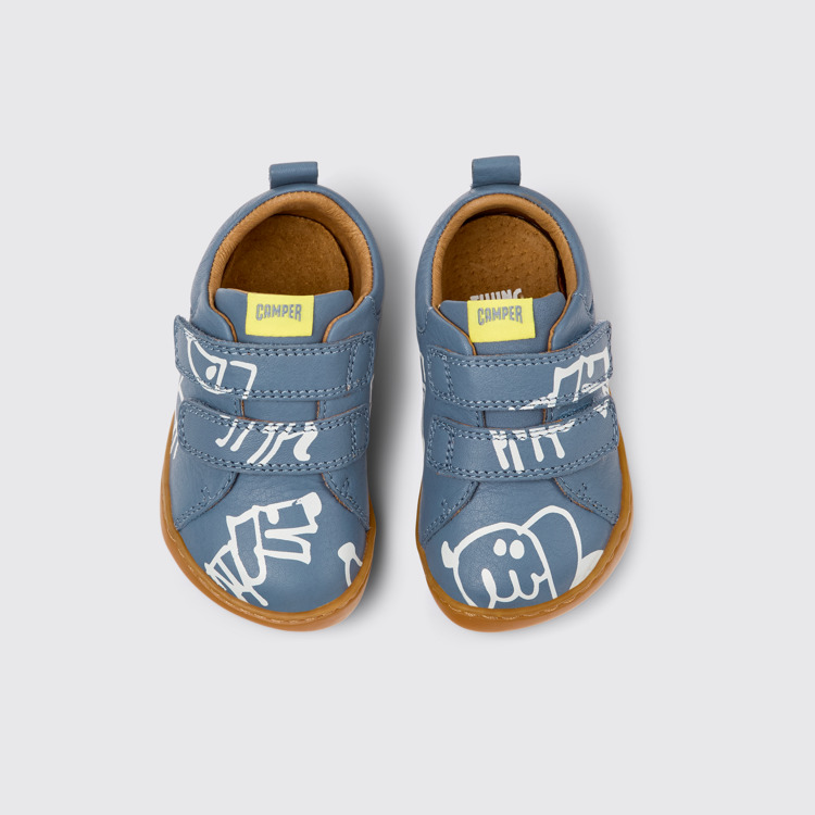 Overhead view of Twins Gray and white leather shoes for kids