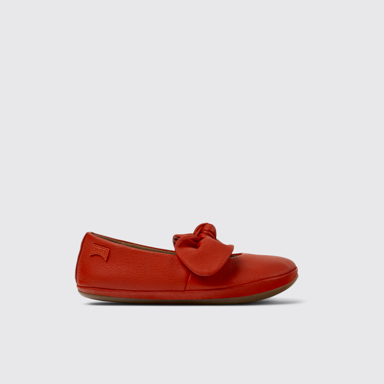 Side view of Right Red Leather Ballerina for Kids.