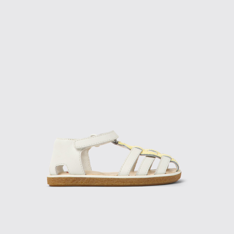 Side view of Miko White and yellow leather sandals for kids