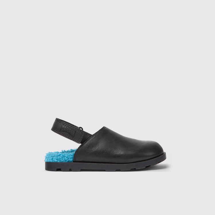 Side view of Brutus Black leather clogs for kids