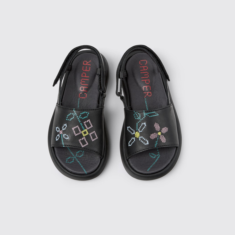 Overhead view of Twins Black Leather Sandals for Kids.