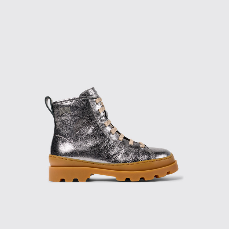 Side view of Brutus Silver Leather Ankle Boots for Kids.
