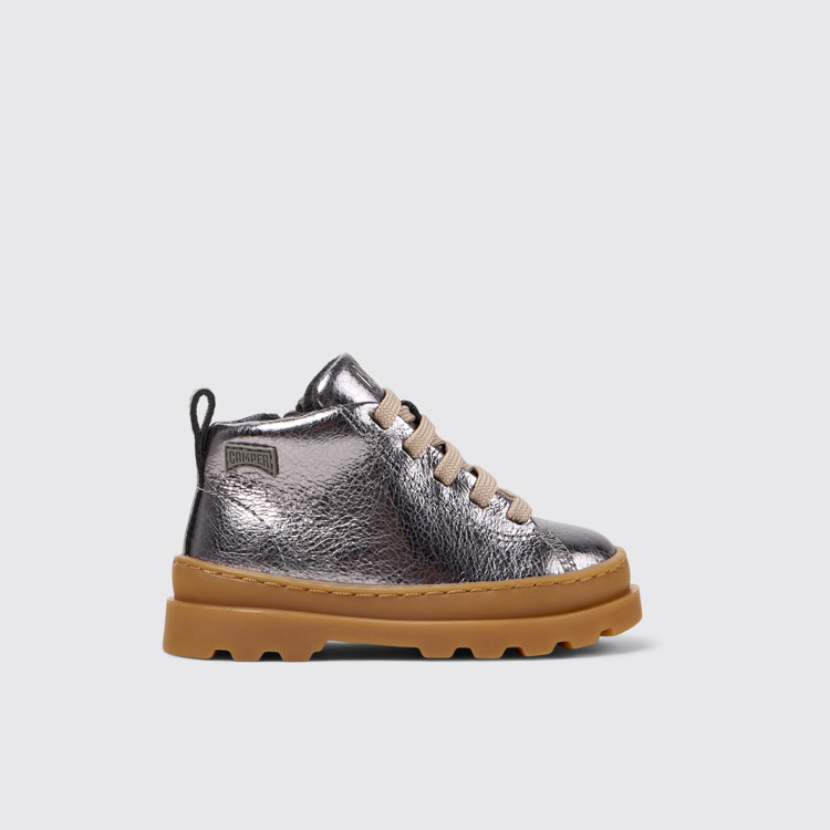 Side view of Brutus Silver Leather Ankle Boots for Kids.
