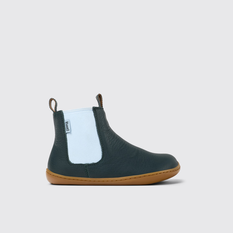 Side view of Peu Green leather ankle boots for kids