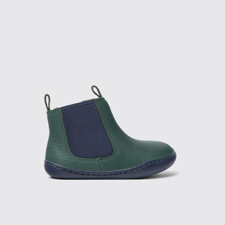 Side view of Peu Green and blue leather boots for kids