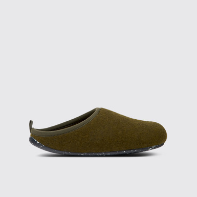 Side view of Wabi Dark green wool men's slipper