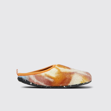 Side view of Wabi Orange and blue recycled wool slippers for men