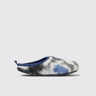 Side view of Wabi Blue and black recycled wool slippers for men