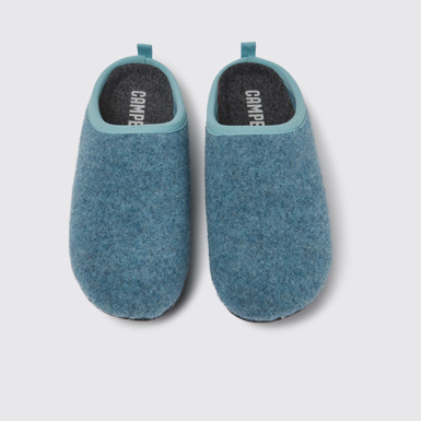 Overhead view of Wabi Light blue wool women’s slippers