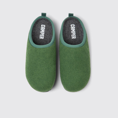 Overhead view of Wabi Green wool slippers for women