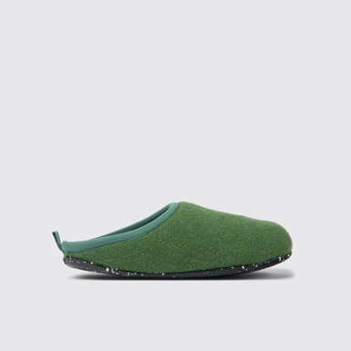 Side view of Wabi Green wool slippers for women