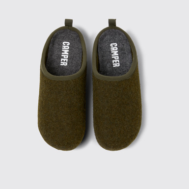 Overhead view of Wabi Green wool slippers for women