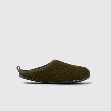 Side view of Wabi Green wool slippers for women