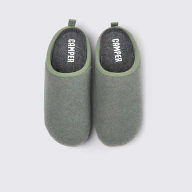 Overhead view of Wabi Green wool slippers for women