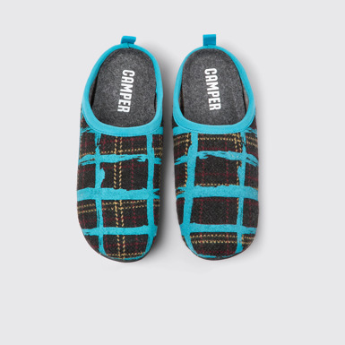 Overhead view of Wabi Blue multicolored recycled wool slippers for women