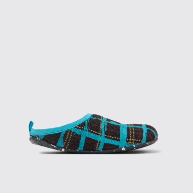 Side view of Wabi Blue multicolored recycled wool slippers for women