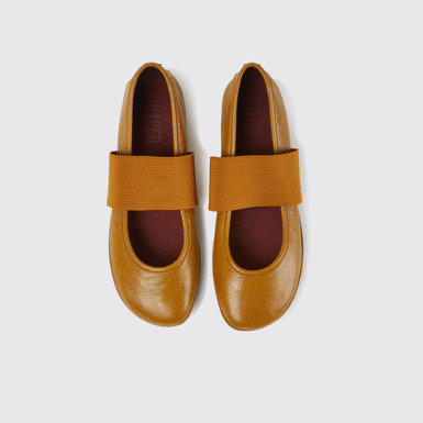 Overhead view of Right Brown leather ballerina shoes