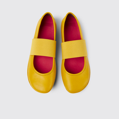 Overhead view of Right Yellow leather ballerina flats for women