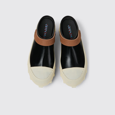 Overhead view of TRAKTORI Black-White-Brown Leather Clogs