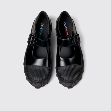 Overhead view of TRAKTORI Black Leather Mary Jane Clogs
