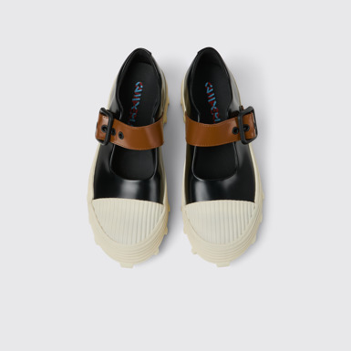 Overhead view of TRAKTORI Black-White-Brown Leather Mary Jane Clogs