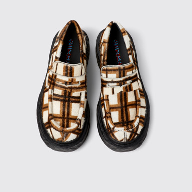 Overhead view of CAMPERLAB VAMONOS Cream-brown tartan hair-on-leather loafers