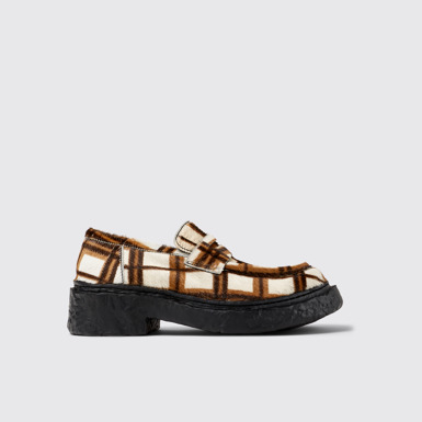 Side view of CAMPERLAB VAMONOS Cream-brown tartan hair-on-leather loafers