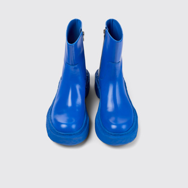 Overhead view of Vamonos Blue Leather Zip Bootie