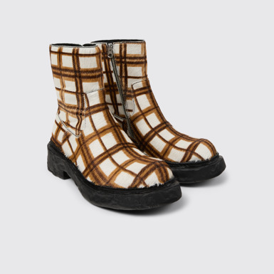 Front view of CAMPERLAB VAMONOS Cream-brown tartan hair-on-leather boots