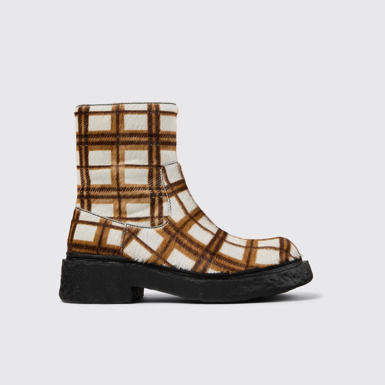 Side view of CAMPERLAB VAMONOS Cream-brown tartan hair-on-leather boots