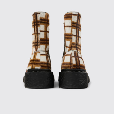 Back view of CAMPERLAB VAMONOS Cream-brown tartan hair-on-leather boots