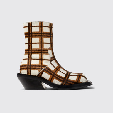 Side view of CAMPERLAB QUETAL Cream-brown tartan hair-on-leather boots