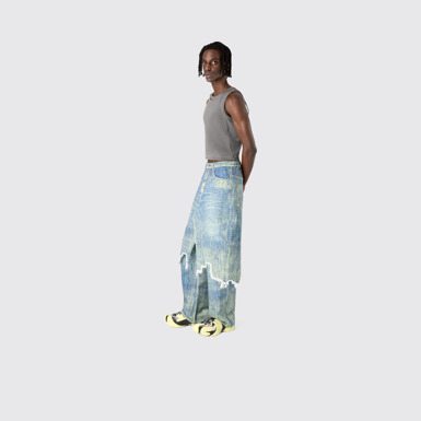 Denim Skirt Sand Blue Paint Print Denim Skirt