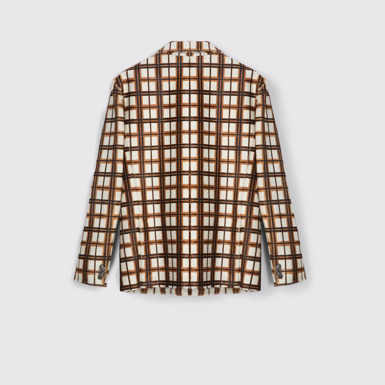 Back view of CAMPERLAB LEATHER Cream-brown tartan hair-on-leather blazer
